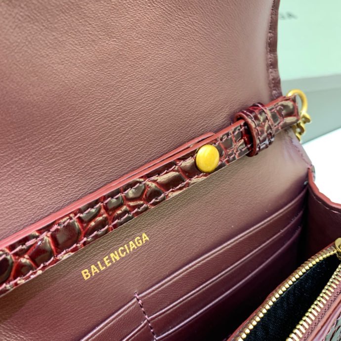 Balenciaga Small Hourglass Wallet With Chain Crocodile Embossed Shoulder Bag Claret